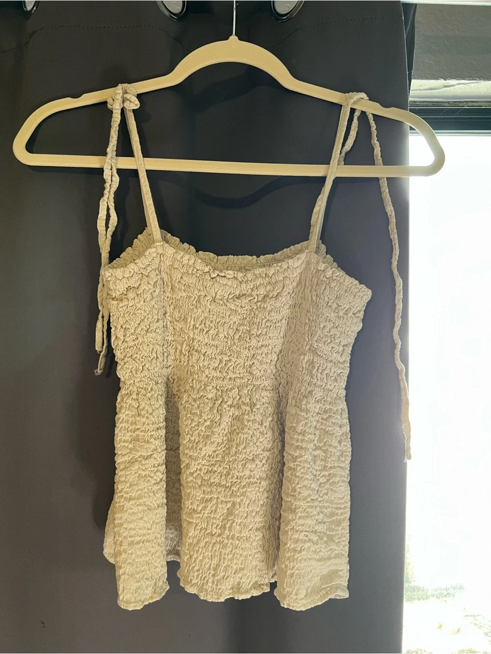 Zara Cream Smocked Tie-Strap Tank Top